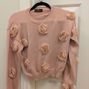 🦋5/25$ Ontheblvrd Blush Pink Rose Applique Crewneck Sweater